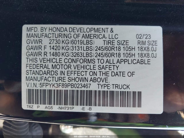 5FPYK3F89PB023467 Honda Ridgeline Black Edition