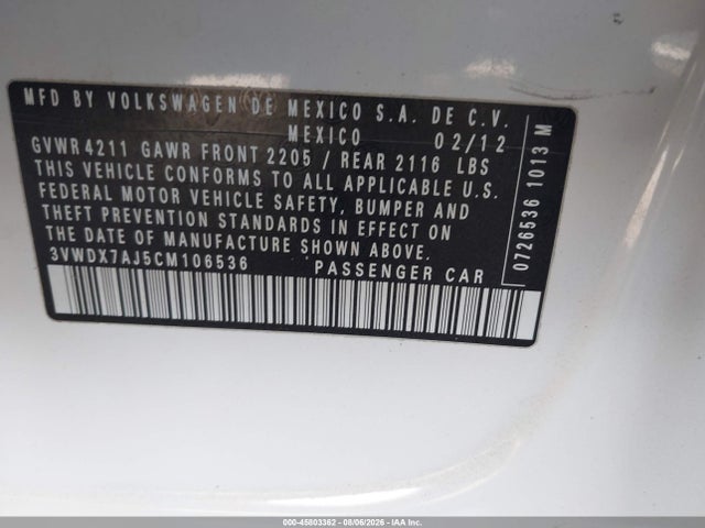 Продаж на аукціоні авто 2012 Volkswagen Jetta 2.5l Se, vin: 3VWDX7AJ5CM106536, номер лоту: 45803362