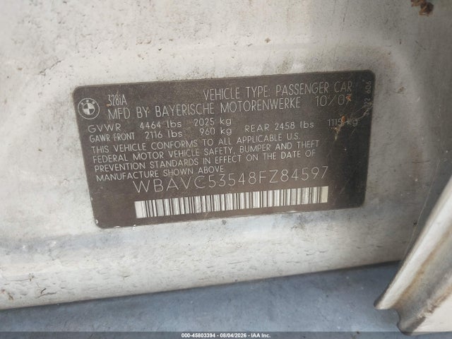 Продаж на аукціоні авто 2008 Bmw 328i, vin: WBAVC53548FZ84597, номер лоту: 45803394