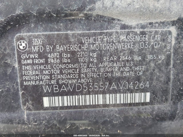 2007 Bmw 335xi მანქანა იყიდება აუქციონზე, vin: WBAVD53557AV14264, აუქციონის ნომერი: 45803400