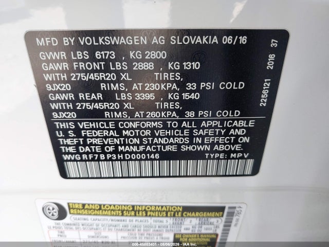 Aukcja sprzedaży 2017 Volkswagen Touareg V6 Wolfsburg Edition, vin: WVGRF7BP3HD000146, numer aukcji: 45803401