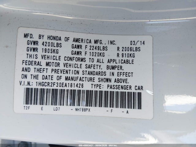 Honda ACCORD LX 2014 1HGCR2F30EA181426 Image 9