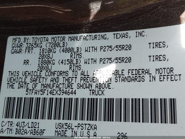 5TFAY5F14EX394644 Toyota Tundra 1794 5.7l V8