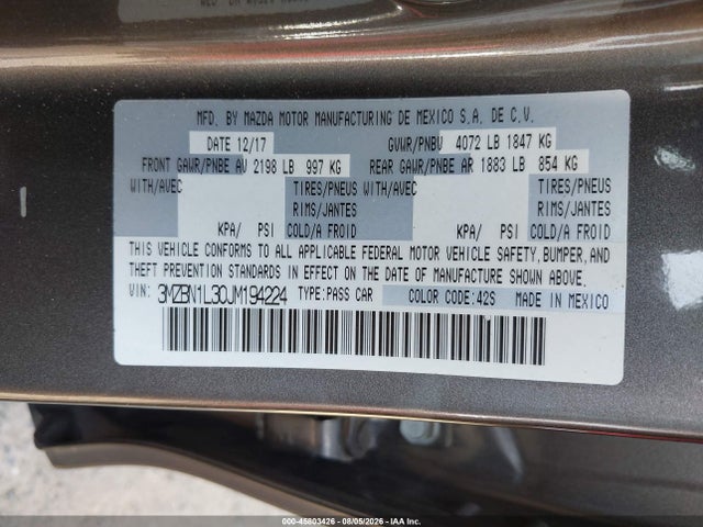 45803426 :رقم المزاد ، 3MZBN1L30JM194224 vin ، 2018 Mazda Mazda3 Touring مزاد بيع