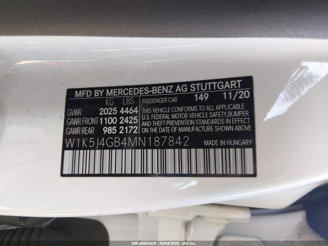 Aukcja sprzedaży 2021 Mercedes-benz Cla 250, vin: W1K5J4GB4MN187842, numer aukcji: 45803429