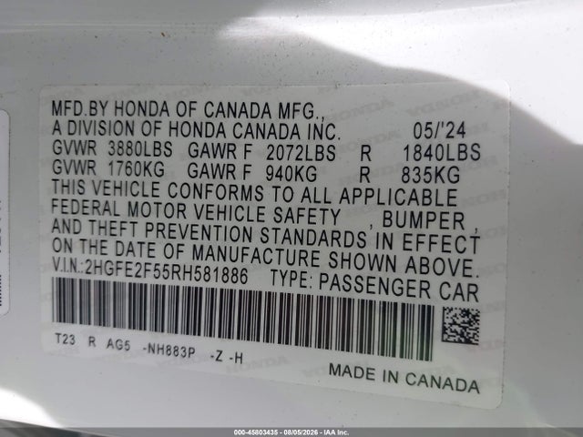 2024 Honda Civic Sport მანქანა იყიდება აუქციონზე, vin: 2HGFE2F55RH581886, აუქციონის ნომერი: 45803435