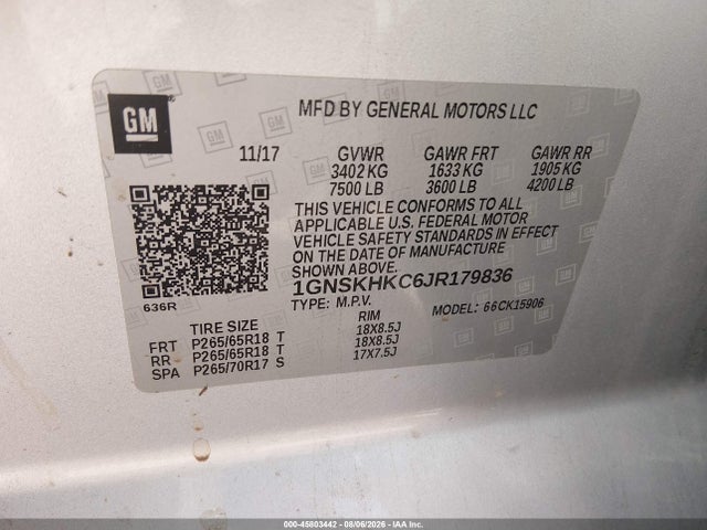 45803442 :رقم المزاد ، 1GNSKHKC6JR179836 vin ، 2018 Chevrolet Suburban Lt مزاد بيع