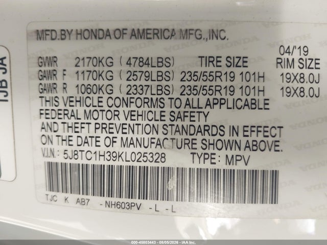 Продажа на аукционе авто 2019 Acura Rdx Standard, vin: 5J8TC1H39KL025328, номер лота: 45803443
