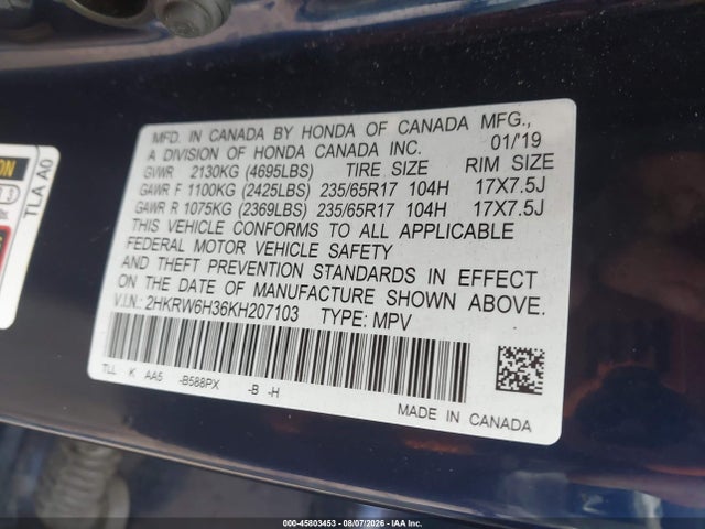 45803453 :رقم المزاد ، 2HKRW6H36KH207103 vin ، 2019 Honda Cr-v Lx مزاد بيع
