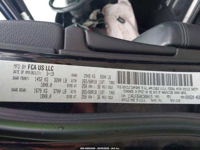 45803454 :رقم المزاد ، 1C4RJFBG0KC686415 vin ، 2019 Jeep Grand Cherokee Limited 4x4 مزاد بيع