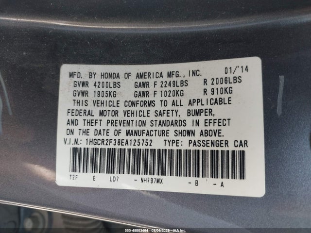 Honda ACCORD LX 2014 1HGCR2F38EA125752 Image 9