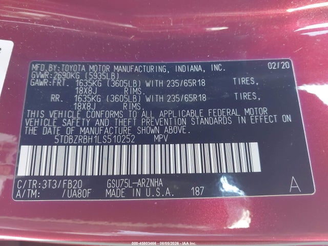 5TDBZRBH1LS510252 Toyota Highlander Le