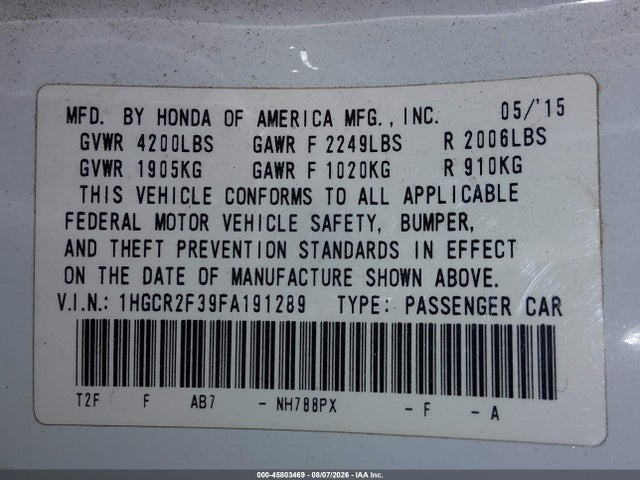 Honda ACCORD LX 2015 1HGCR2F39FA191289 Image 9