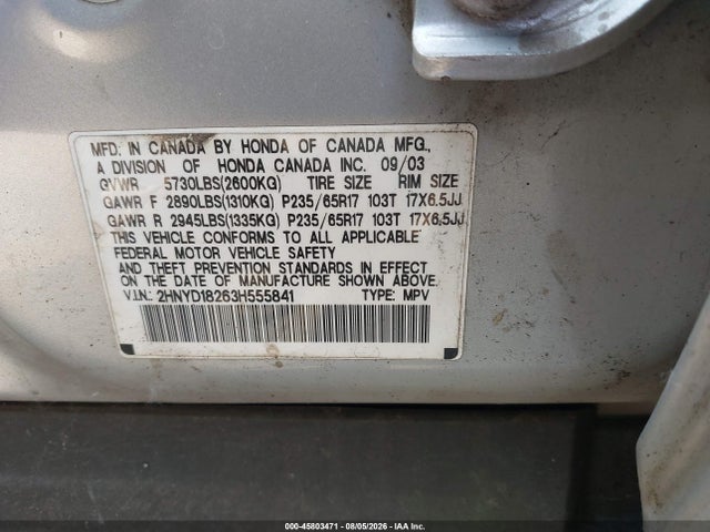 2003 Acura Mdx მანქანა იყიდება აუქციონზე, vin: 2HNYD18263H555841, აუქციონის ნომერი: 45803471