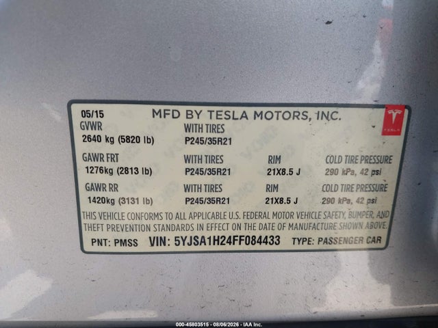 Продаж на аукціоні авто 2015 Tesla Model S 70d/85d/p85d, vin: 5YJSA1H24FF084433, номер лоту: 45803515
