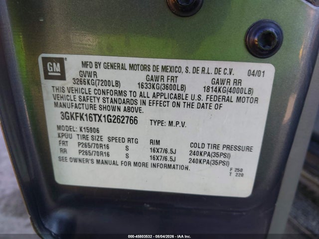 Aukcja sprzedaży 2001 Gmc Yukon Xl 1500 Slt, vin: 3GKFK16TX1G262766, numer aukcji: 45803532