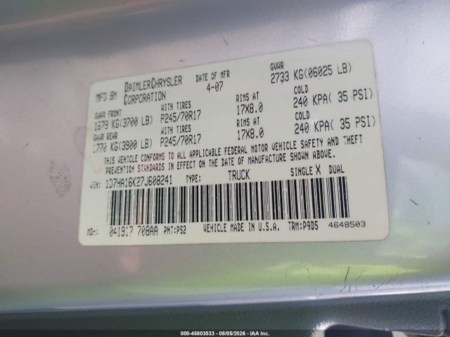 45803533 :رقم المزاد ، 1D7HA16K27J608241 vin ، 2007 Dodge Ram 1500 St مزاد بيع