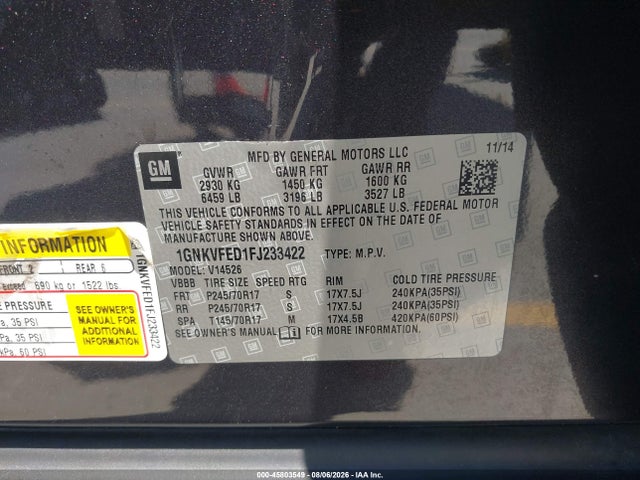 Chevrolet Traverse Ls 2015 1GNKVFED1FJ233422 Image 9