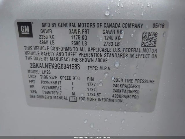 Продаж на аукціоні авто 2016 Gmc Terrain Sle-2, vin: 2GKALNEK9G6341583, номер лоту: 45803550