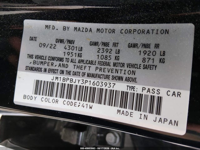 Продажа на аукционе авто 2023 Mazda 3, vin: JM1BPBJY3P1603937, номер лота: 45803563