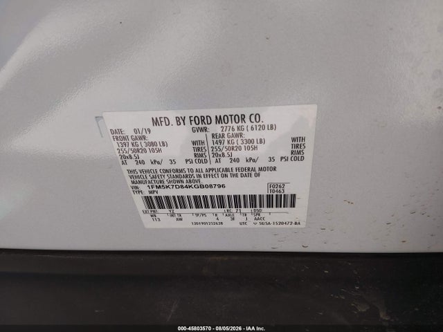 1FM5K7D84KGB08796 Ford EXPLORER XLT