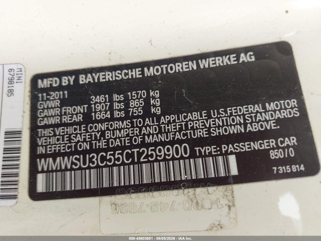 45803601 :رقم المزاد ، WMWSU3C55CT259900 vin ، 2012 Mini Cooper مزاد بيع