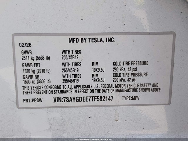 45803604 :رقم المزاد ، 7SAYGDEE7TF582147 vin ، 2026 Tesla Model Y All-wheel Drive/long Range Launch Series/premium All-wheel Drive مزاد بيع