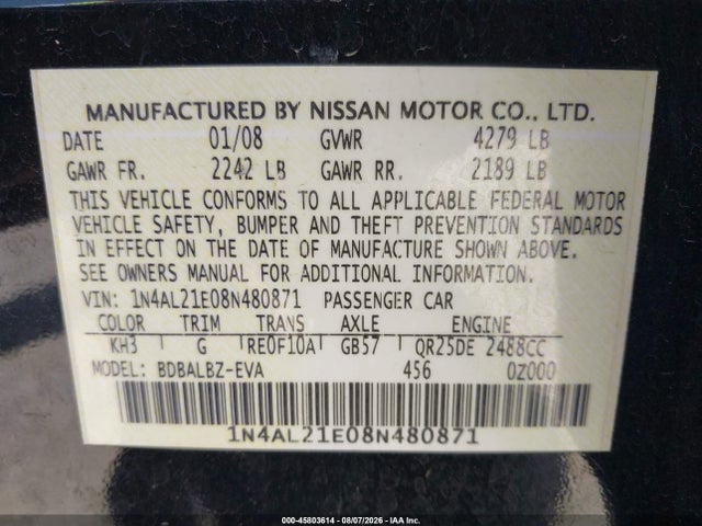 2008 Nissan Altima 2.5 Sl მანქანა იყიდება აუქციონზე, vin: 1N4AL21E08N480871, აუქციონის ნომერი: 45803614