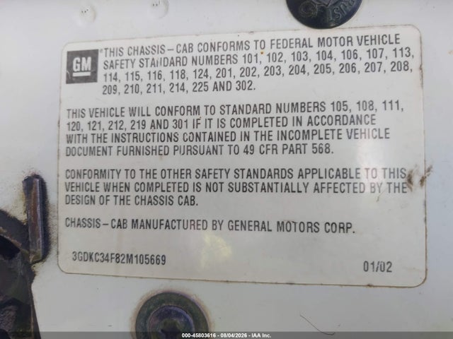 45803616 :رقم المزاد ، 3GDKC34F82M105669 vin ، 2002 Gmc Sierra C3500 Hd Chassis Sl مزاد بيع
