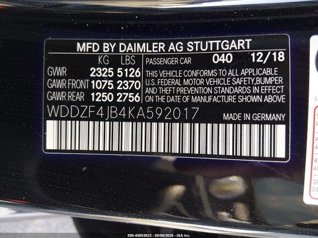 45803623 :رقم المزاد ، WDDZF4JB4KA592017 vin ، 2019 Mercedes-benz E 300 مزاد بيع
