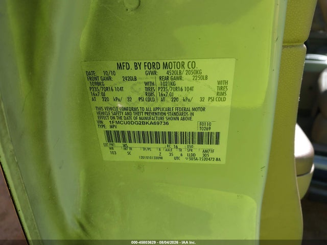 Продаж на аукціоні авто 2011 Ford Escape Xlt, vin: 1FMCU0DG2BKA69736, номер лоту: 45803629