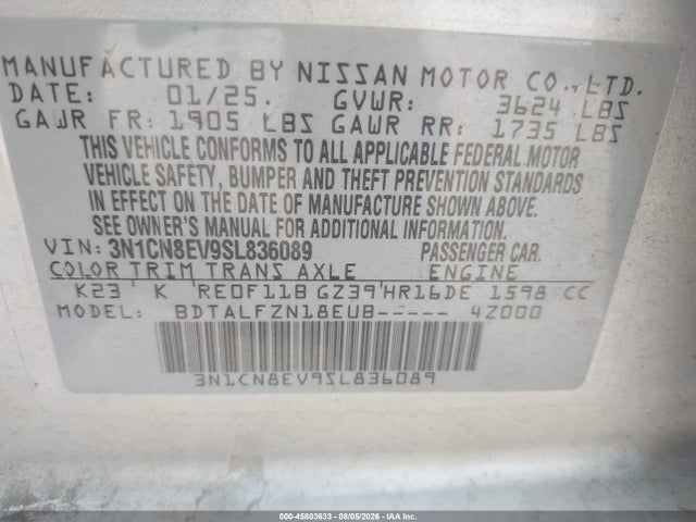 45803633 :رقم المزاد ، 3N1CN8EV9SL836089 vin ، 2025 Nissan Versa 1.6 Sv مزاد بيع