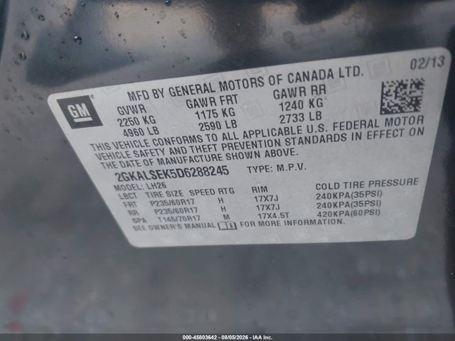 45803642 :رقم المزاد ، 2GKALSEK5D6288245 vin ، 2013 Gmc Terrain Sle-2 مزاد بيع