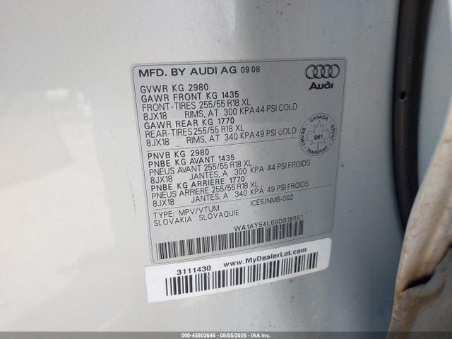 Aukcja sprzedaży 2009 Audi Q7 3.6, vin: WA1AY54L69D018551, numer aukcji: 45803646