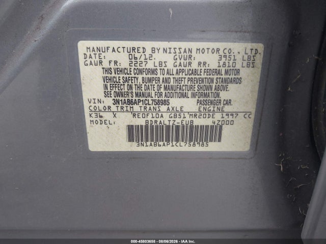 Aukcja sprzedaży 2012 Nissan Sentra 2.0 S, vin: 3N1AB6AP1CL758985, numer aukcji: 45803658