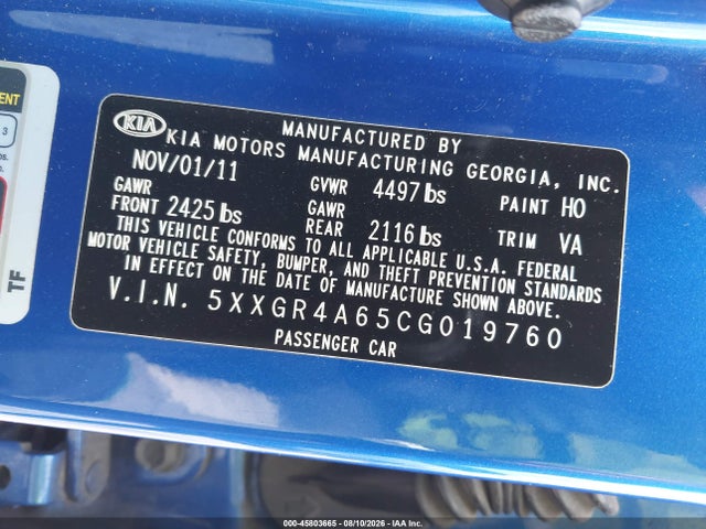 45803665 :رقم المزاد ، 5XXGR4A65CG019760 vin ، 2012 Kia Optima Sx مزاد بيع