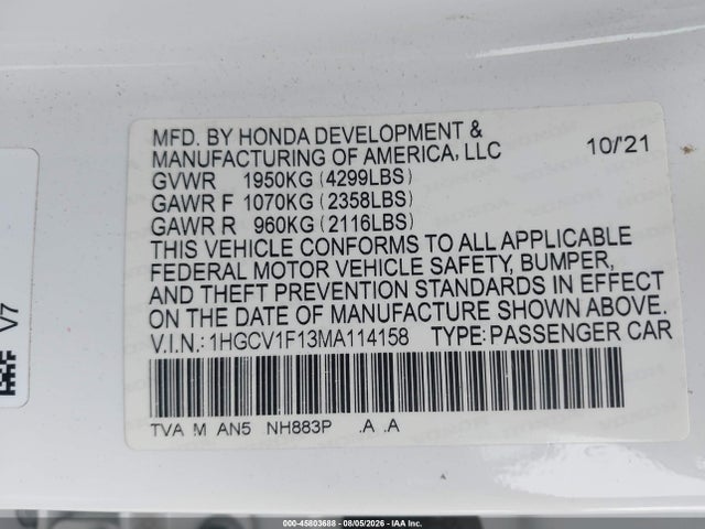 Honda ACCORD LX 2021 1HGCV1F13MA114158 Image 9
