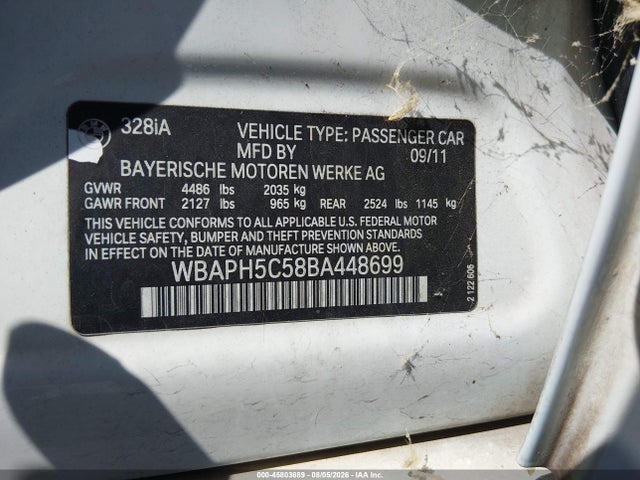 2011 Bmw 328i მანქანა იყიდება აუქციონზე, vin: WBAPH5C58BA448699, აუქციონის ნომერი: 45803689