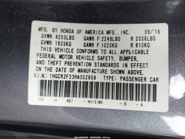 Honda ACCORD LX 2017 1HGCR2F33HA052858 Image 9