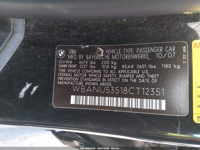 45803706 :رقم المزاد ، WBANU53518CT12351 vin ، 2008 Bmw 528i مزاد بيع