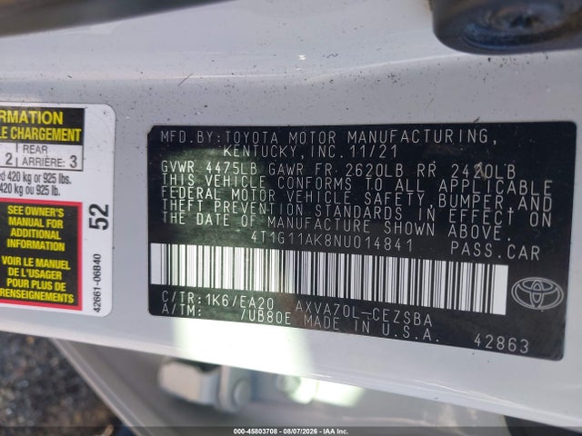 45803708 :رقم المزاد ، 4T1G11AK8NU014841 vin ، 2022 Toyota Camry Se مزاد بيع