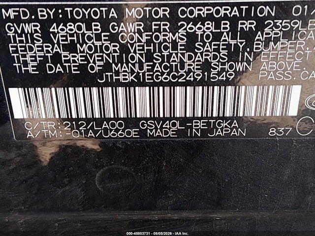Продаж на аукціоні авто 2012 Lexus Es 350, vin: JTHBK1EG6C2491549, номер лоту: 45803731