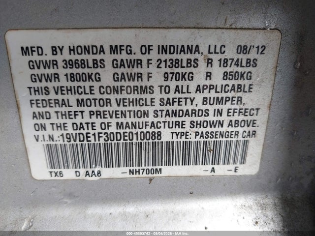2013 Acura Ilx 2.0l მანქანა იყიდება აუქციონზე, vin: 19VDE1F30DE010088, აუქციონის ნომერი: 45803742