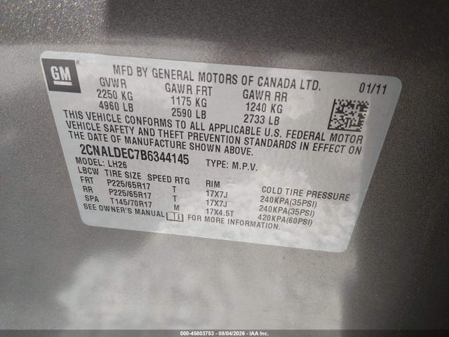 Aukcja sprzedaży 2011 Chevrolet Equinox Lt W/1lt, vin: 2CNALDEC7B6344145, numer aukcji: 45803753