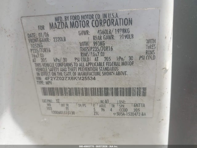 45803770 :رقم المزاد ، 4F2YZ02ZX6KM25534 vin ، 2006 Mazda Tribute I مزاد بيع