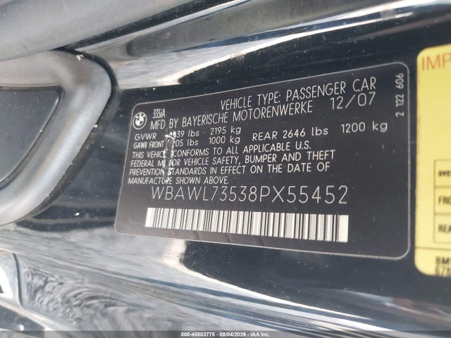 45803775 :رقم المزاد ، WBAWL73538PX55452 vin ، 2008 Bmw 335i مزاد بيع