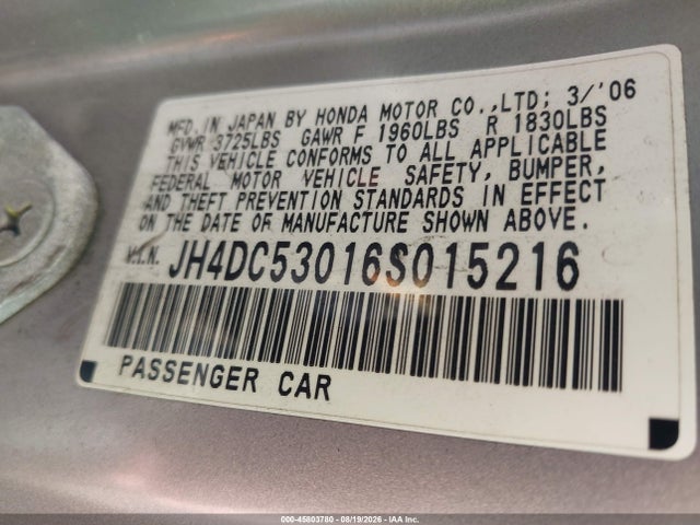 Aukcja sprzedaży 2006 Acura Rsx Type S, vin: JH4DC53016S015216, numer aukcji: 45803780