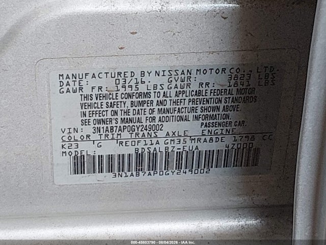 Продажа на аукционе авто 2016 Nissan Sentra Fe+ S/s/sl/sr/sv, vin: 3N1AB7AP0GY249002, номер лота: 45803790