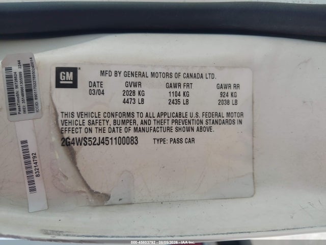 Aukcja sprzedaży 2005 Buick Century, vin: 2G4WS52J451100083, numer aukcji: 45803792