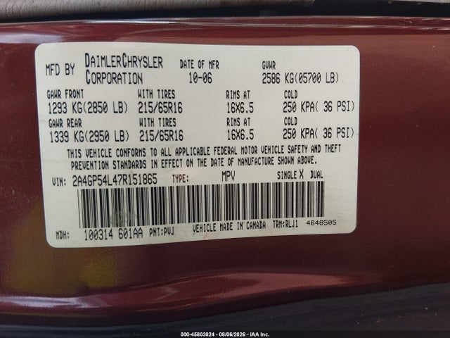 45803824 :رقم المزاد ، 2A4GP54L47R151865 vin ، 2007 Chrysler Town & Country Touring مزاد بيع